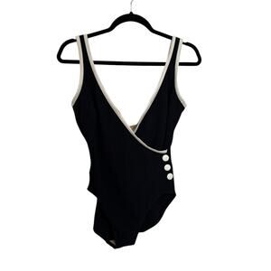 Mainstream Swimsuit Womens 14 Vintage One Piece Black Ivory Wrap V-Neck USA